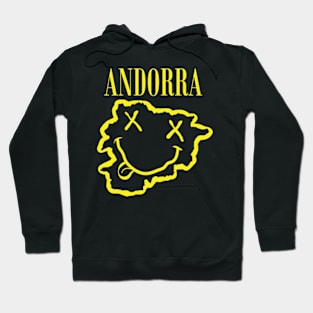 Vibrant Andorra: Unleash Your 90s Grunge Spirit! Smiling Squiggly Mouth Dazed Smiley Face Hoodie